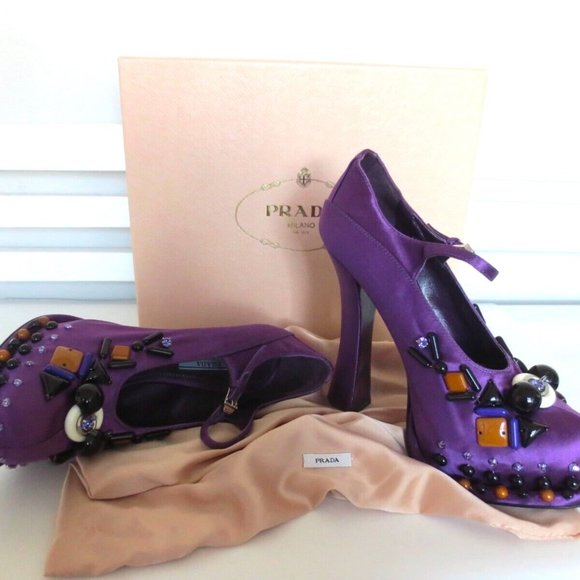 NIB PRADA SATIN MARY JANE PLATFORM PUMPS JEWELED HEEL - Picture 3 of 12
